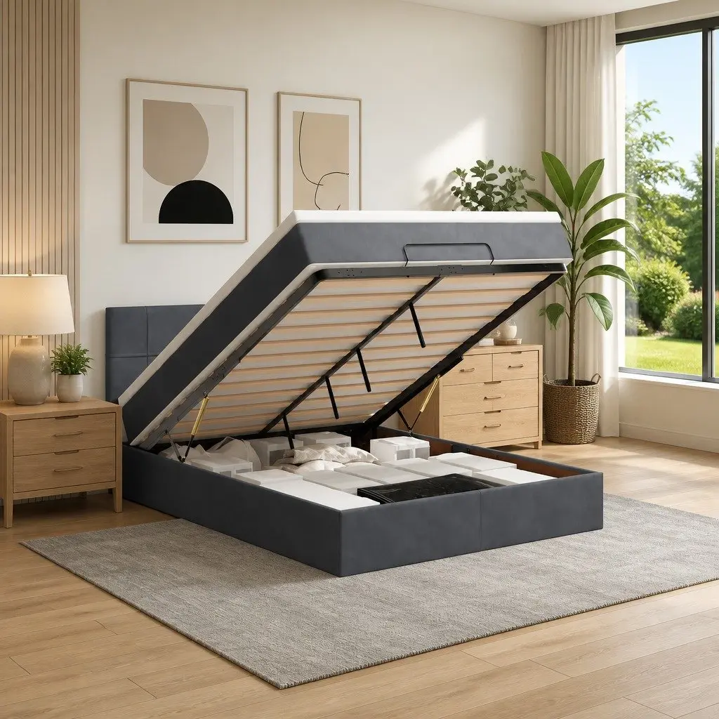 Ottoman Bed with Mattress Grey Velvet Storage Lift-Up Frame