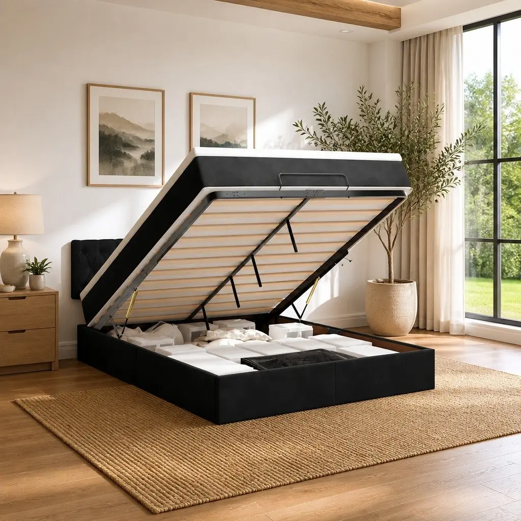 Double Ottoman Bed Velvet Upholstered Black with Pocket Spring Mattress