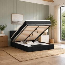 Queen Ottoman Bed with Pocket Spring Mattress Black Velvet Storage Lift Base