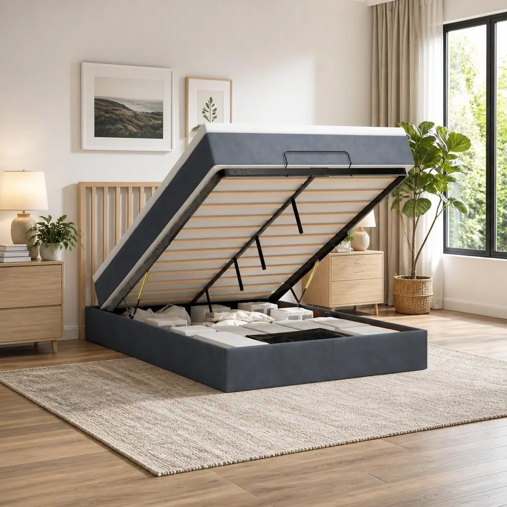 Queen Bed Ottoman with Hydraulic Lift Storage Grey Velvet and Pocket Spring Mattress