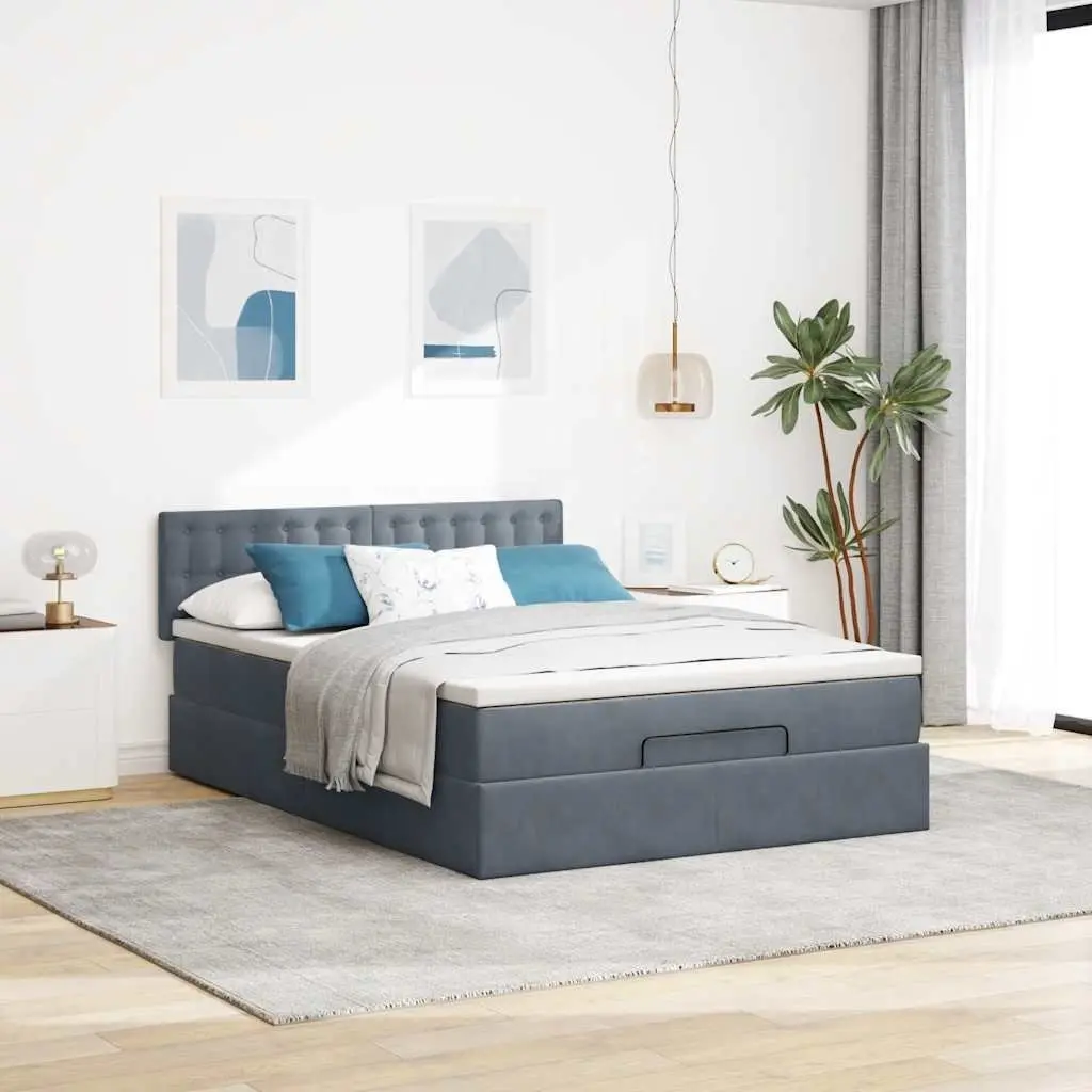 Queen Bed Ottoman with Hydraulic Lift Storage Grey Velvet and Pocket Spring Mattress