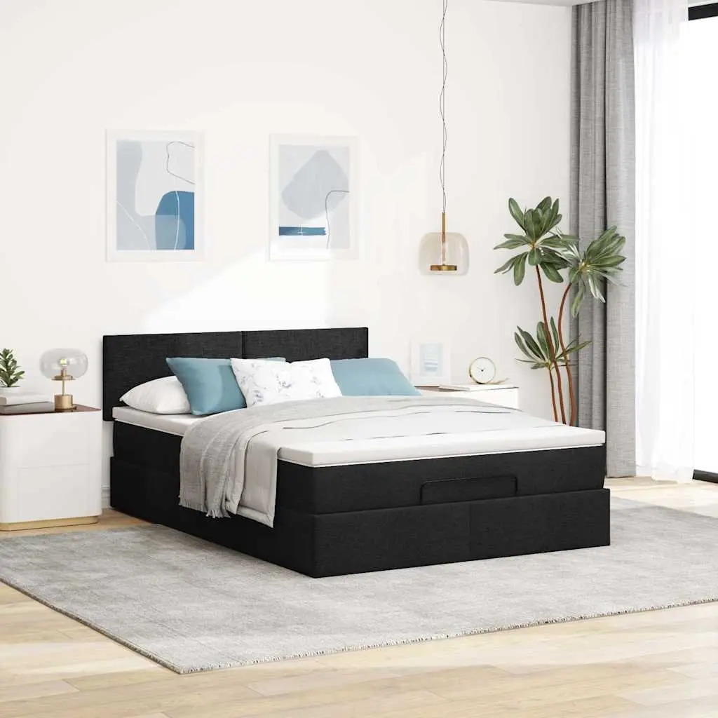 Double Ottoman Bed with Pocket Spring Mattress LED Lights Storage Black Fabric