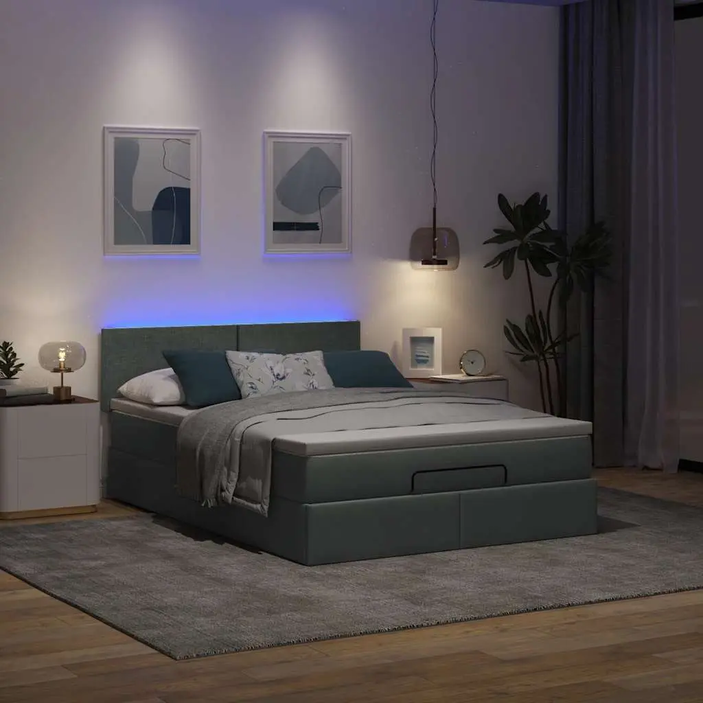 Ottoman Bed with Pocket Spring Mattress and LED Lights Queen Grey Fabric