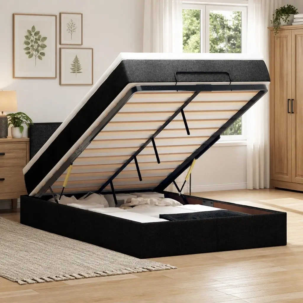 Ottoman Bed King Single Black Fabric with Pocket Spring Mattress and LED Lights