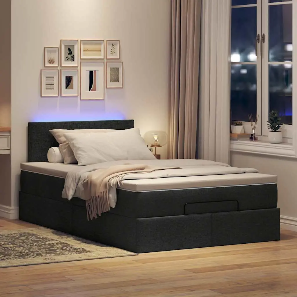 Ottoman Bed King Single Black Fabric with Pocket Spring Mattress and LED Lights