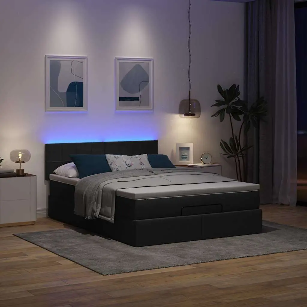 Ottoman Bed Double Black Fabric with Pocket Spring Mattress LED Lights Storage