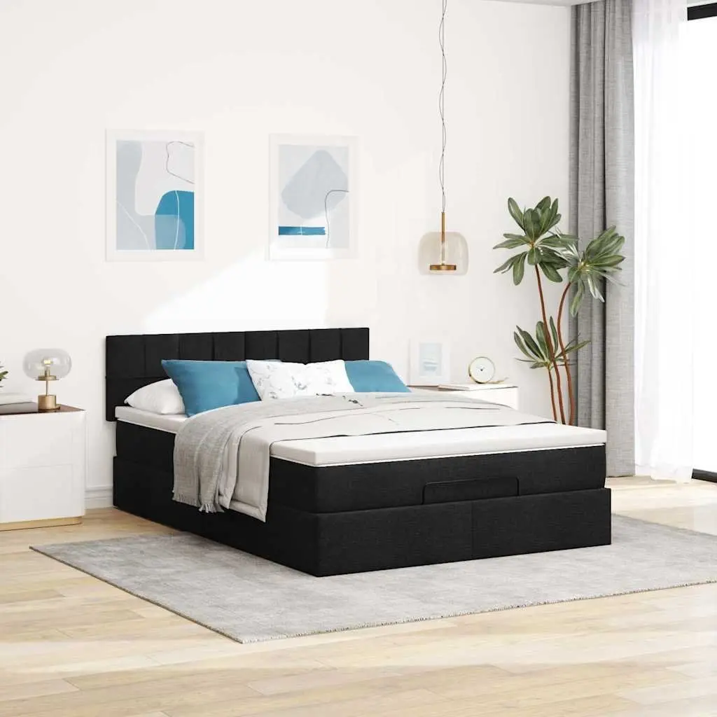 Ottoman Bed Double Black Fabric with Pocket Spring Mattress LED Lights Storage