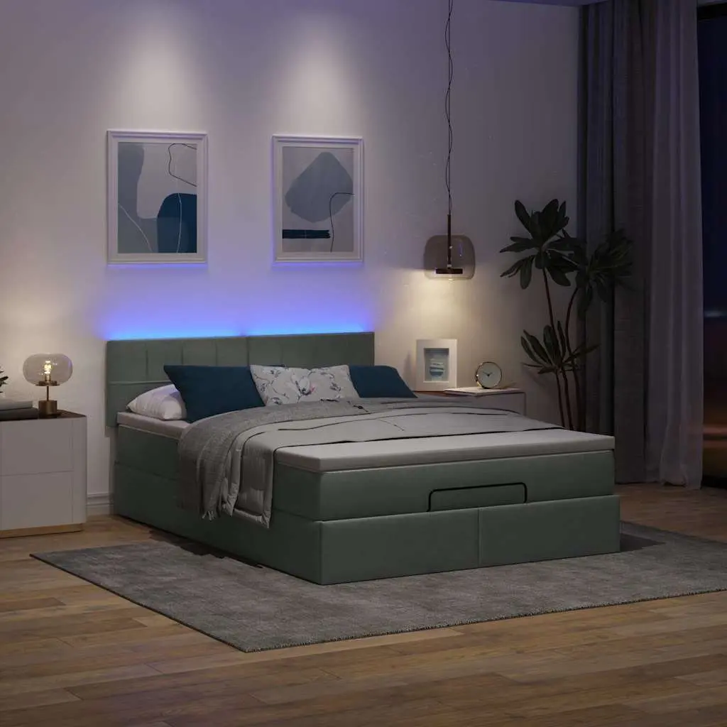 Queen Ottoman Bed with Pocket Spring Mattress LED Lights Storage Grey Fabric