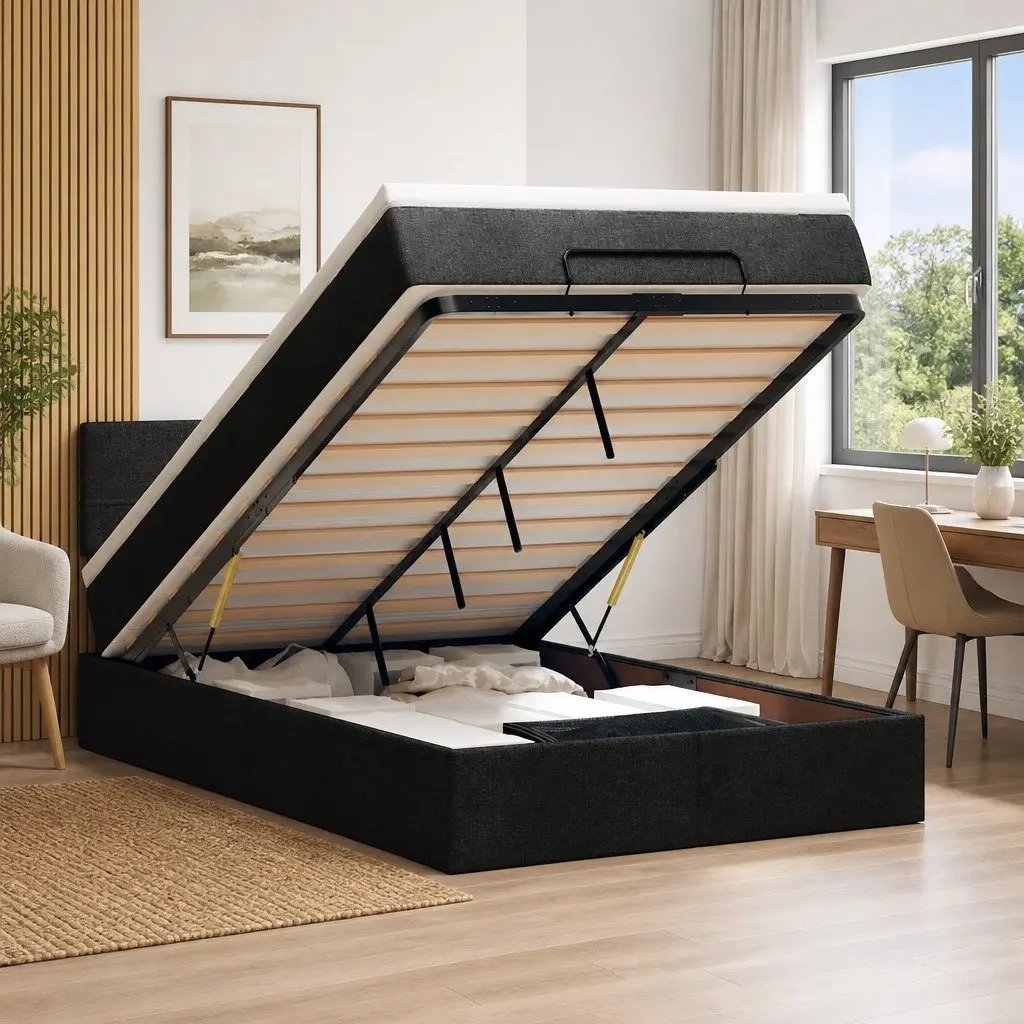 Ottoman Storage Bed King Single Black Pocket Spring Mattress LED Lights
