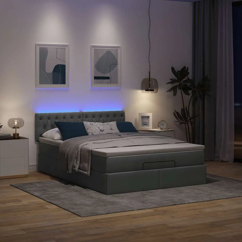 Ottoman Bed Queen Size with Pocket Spring Mattress and LED Lights Grey