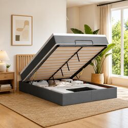 Double Ottoman Bed with Pocket Spring Mattress LED Lights Storage Grey Fabric