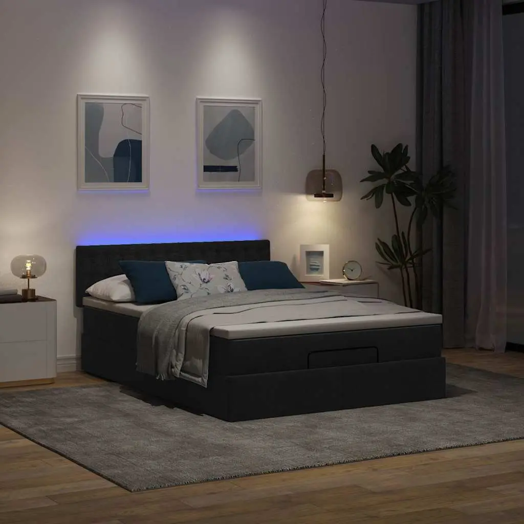 Ottoman Bed with Pocket Spring Mattress LED Lights Storage Black Fabric