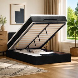 Ottoman Bed King Single Black Fabric with Pocket Spring Mattress LED Lights