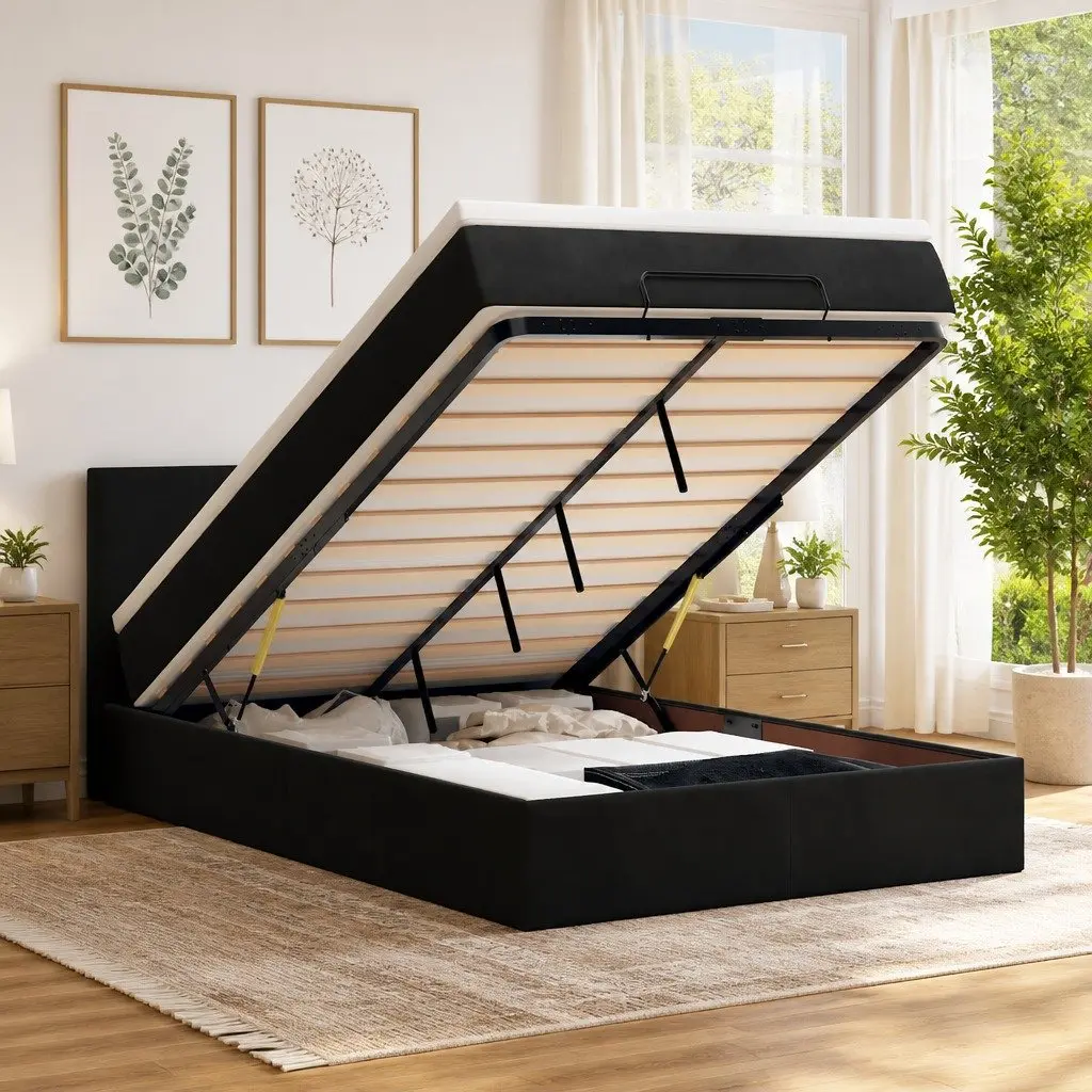 Ottoman Bed with Pocket Spring Mattress and LED Lights Storage Black King Single