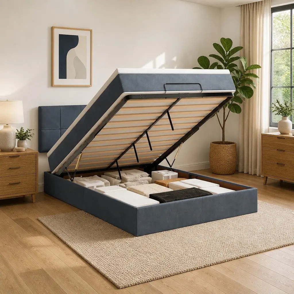 Queen Ottoman Bed with Pocket Spring Mattress LED Lights Storage Grey Velvet