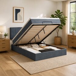 Queen Ottoman Bed with Pocket Spring Mattress LED Lights Storage Grey Velvet