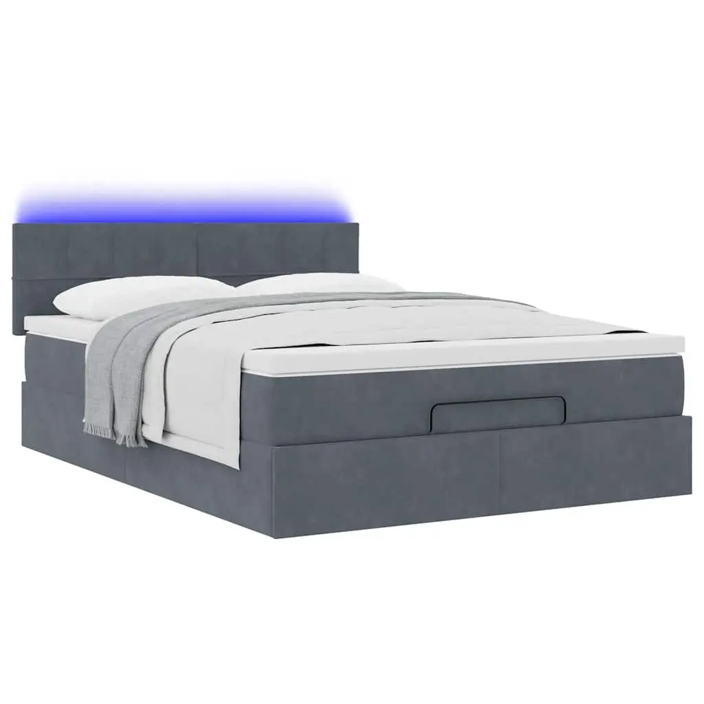 Queen Ottoman Bed with Pocket Spring Mattress LED Lights Storage Grey Velvet