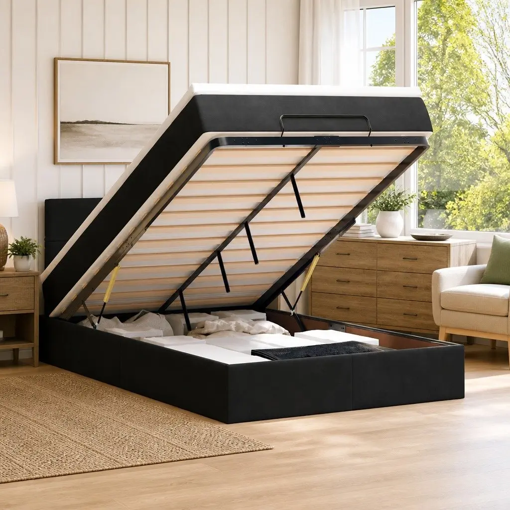 Ottoman Bed King Single with Pocket Spring Mattress Hydraulic Lift Storage LED Lights Black