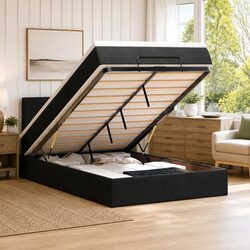 Ottoman Bed King Single with Pocket Spring Mattress LED Lights Storage Black