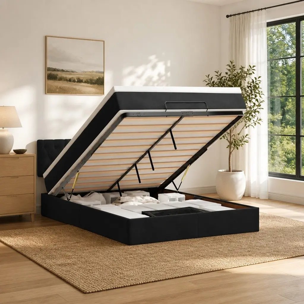 Black Velvet Ottoman Bed with Storage