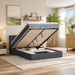 Queen Ottoman Bed with Pocket Spring Mattress LED Lights Storage Grey Velvet