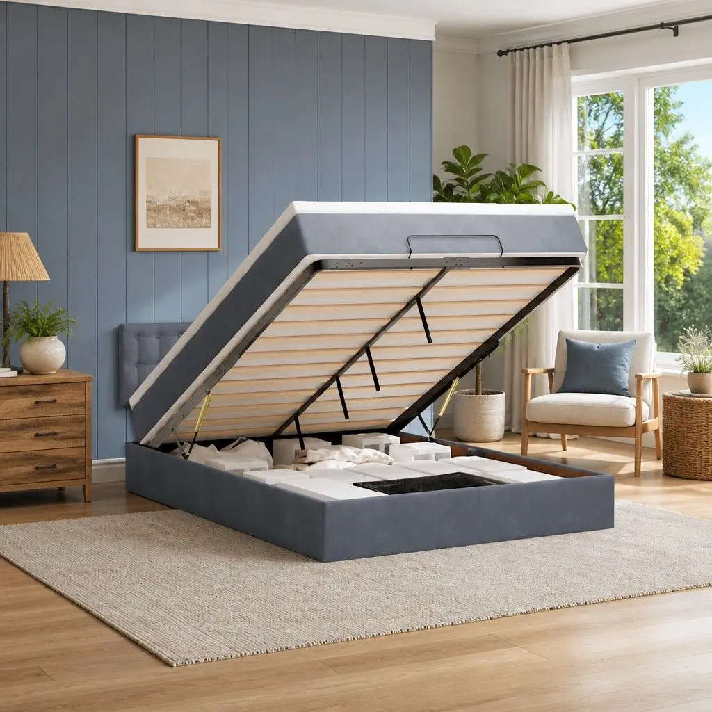 Grey Velvet Ottoman Bed with Storage Options
