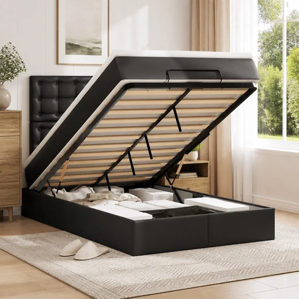 King Single Ottoman Bed Frame with Pocket Spring Mattress Hydraulic Lift Storage Black