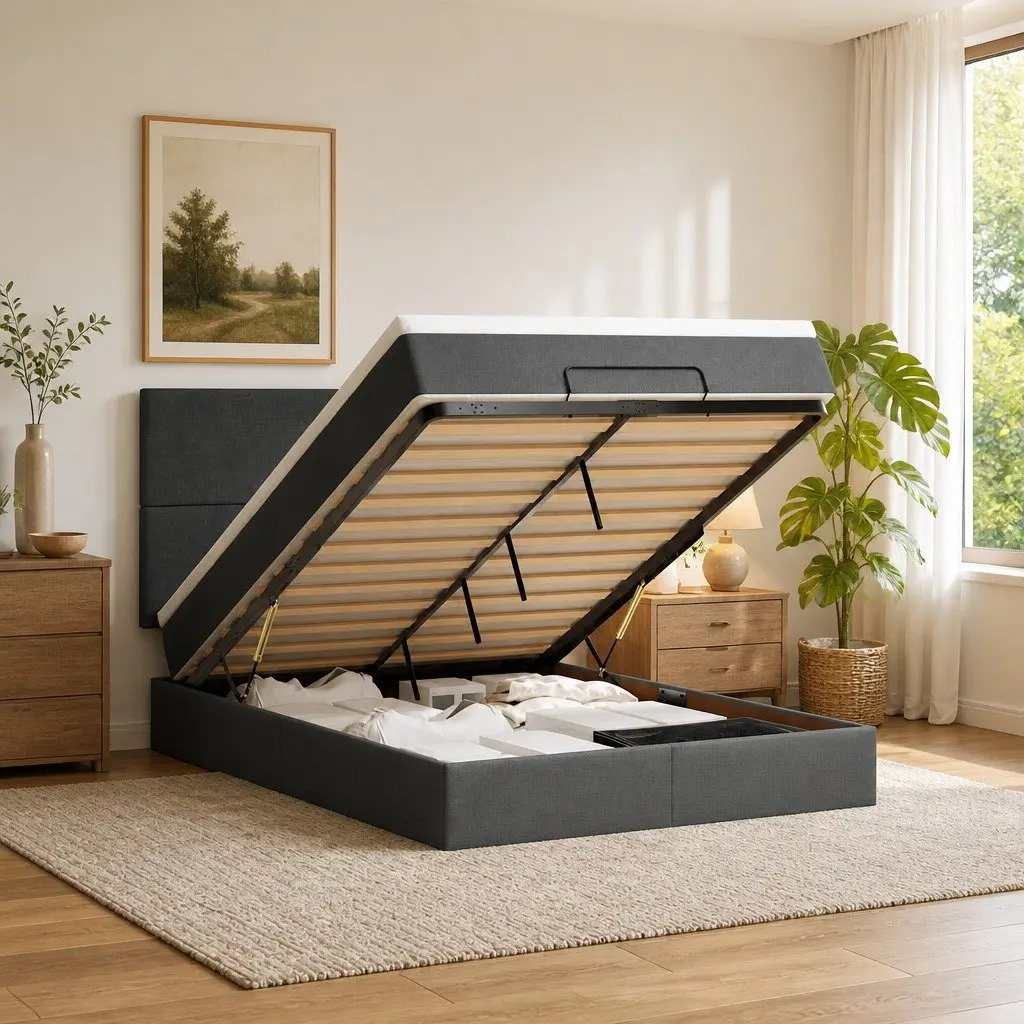 Ottoman Bed Grey Upholstered Queen Frame with Pocket Spring Mattress and Hydraulic Lift Storage
