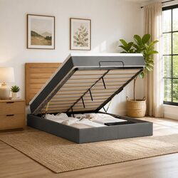 Ottoman Bed Queen Size with Mattress Grey Fabric Storage Lift Hydraulic Frame