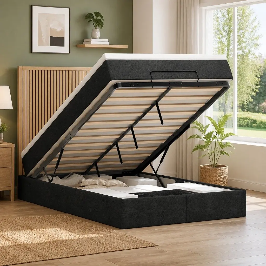 Ottoman Bed with Mattress Hydraulic Lift Mechanism King Single Black Fabric