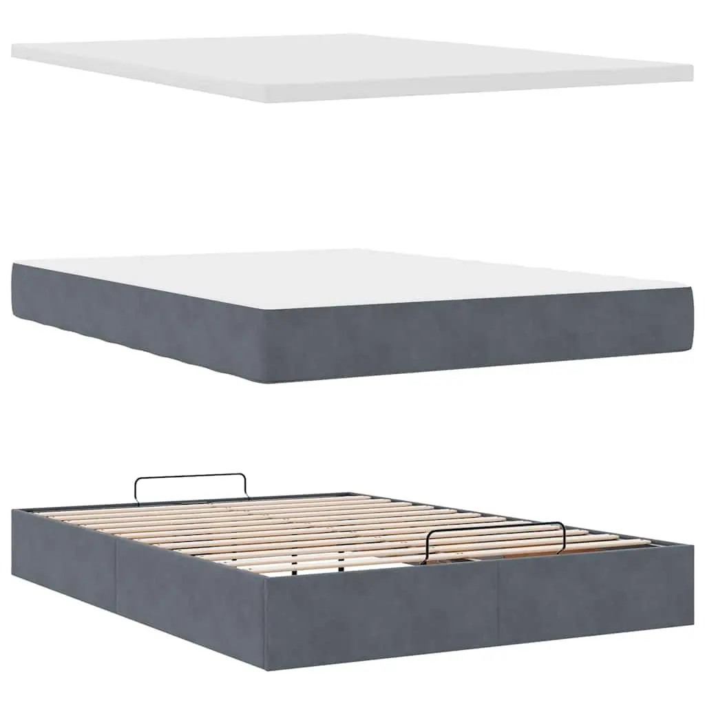 Double Ottoman Bed Frame with Lift-Up Storage Grey Velvet and Pocket Spring Mattress Slatted Base