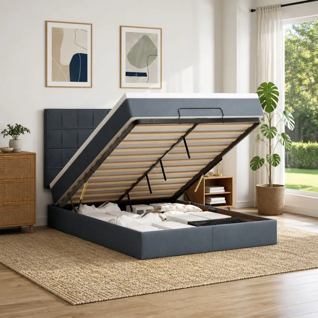 Ottoman Storage Bed Queen with Pocket Spring Mattress Grey Velvet Upholstered