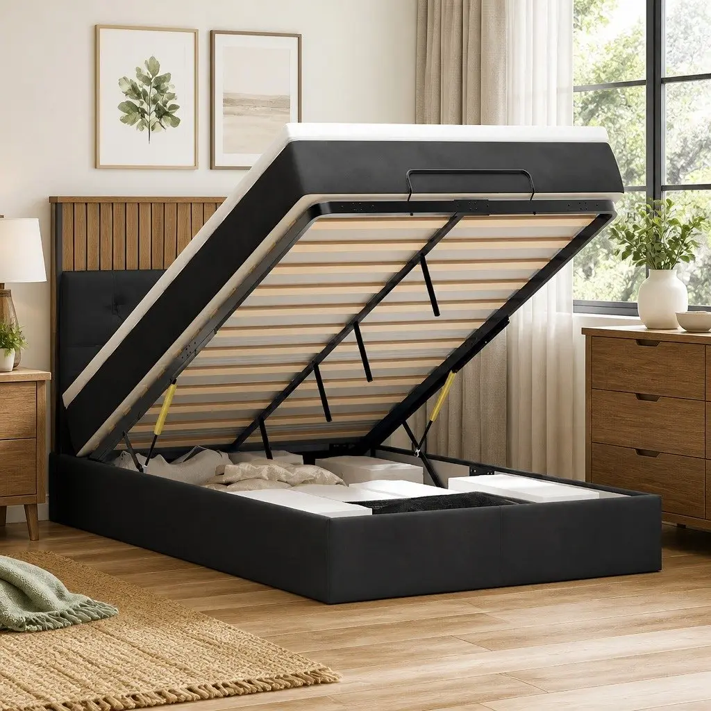 Ottoman Bed with Hydraulic Lift Storage Black Velvet King Single