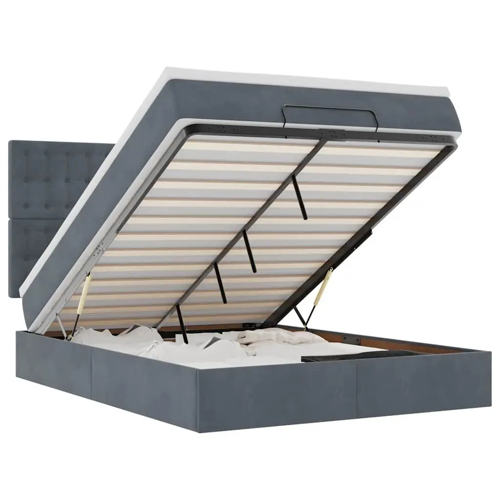 Ottoman Bed Double Grey Velvet with Hydraulic Lift Storage and Pocket Spring Mattress