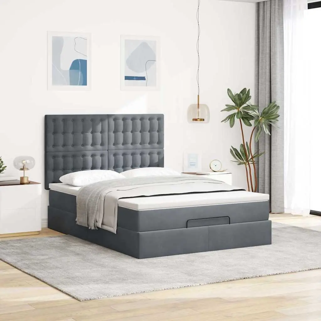 Ottoman Bed Double Grey Velvet with Hydraulic Lift Storage and Pocket Spring Mattress