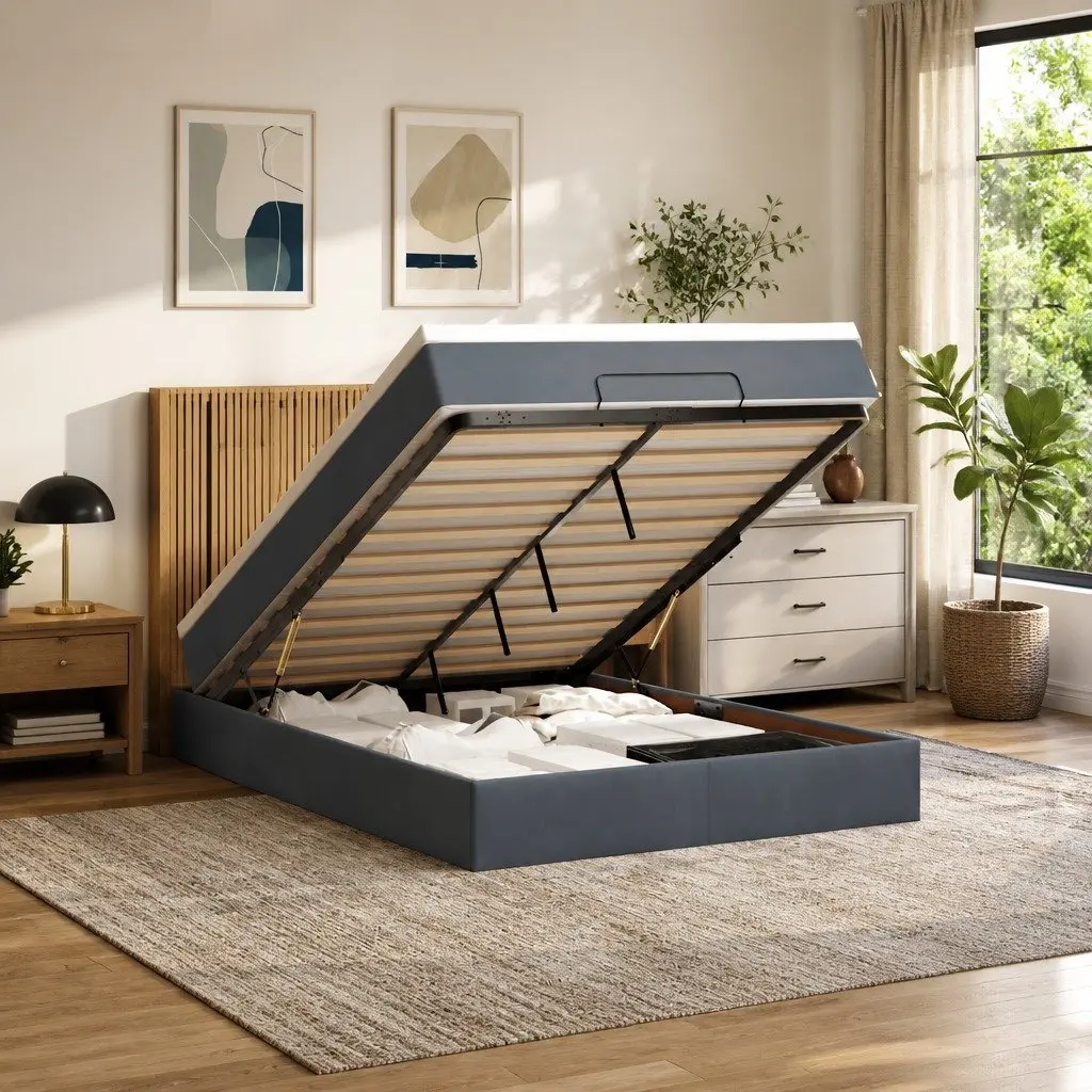 Queen Ottoman Bed with Hydraulic Lift Storage Grey Velvet Pocket Spring Mattress