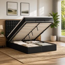Friendly Black Faux Leather Ottoman Bed Queen with Pocket Springs