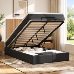 Ottoman Bed King Single with Pocket Spring Mattress LED Lights Black Faux