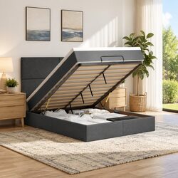 Grey Ottoman Bed with Storage, Mattress, and Lights