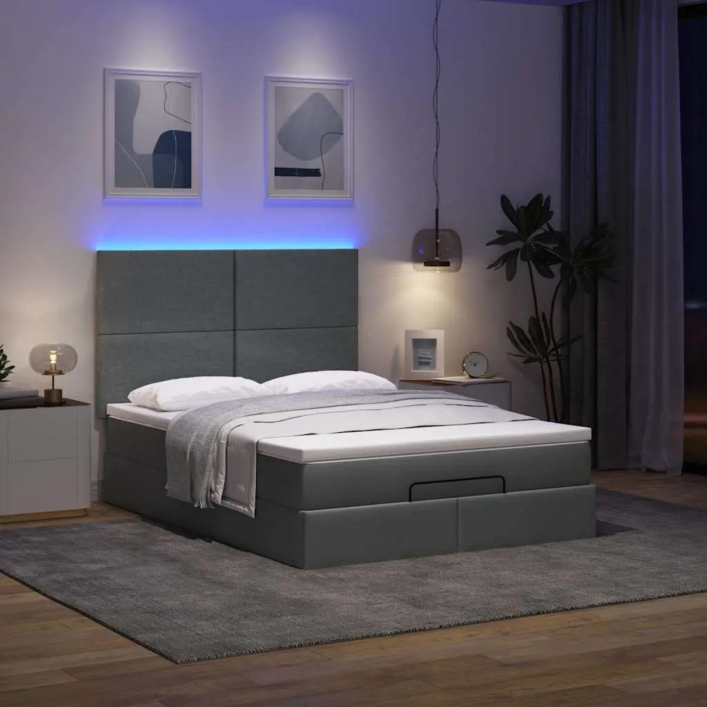 Grey Ottoman Bed with Storage, Mattress, and Lights