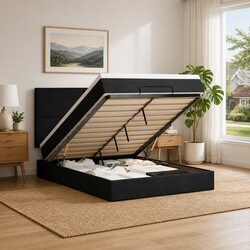 Ottoman Bed with Mattress LED Lights Black Queen Size Storage Lift Fabric Frame