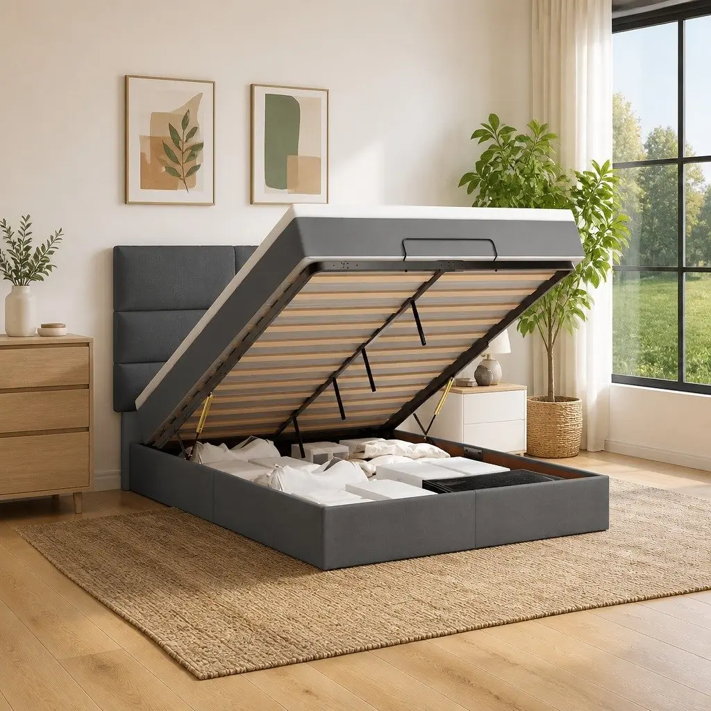 Ottoman Bed with Pocket Spring Mattress and LED Lights Queen Grey Fabric