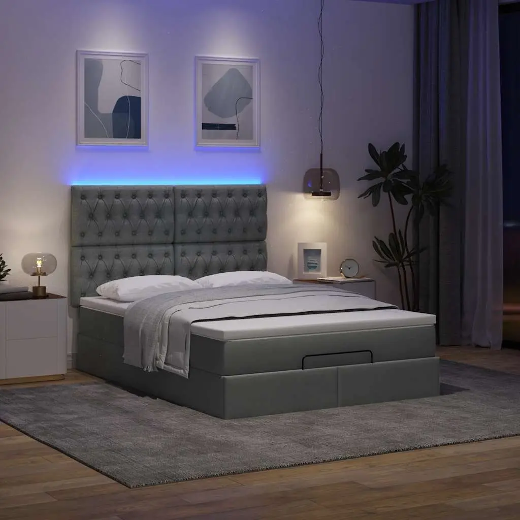Ottoman Bed with Pocket Spring Mattress and LED Lights Queen Grey Fabric