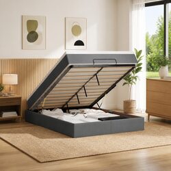 Ottoman Bed Double Grey Fabric with Pocket Spring Mattress Storage LED Lights
