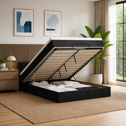 Ottoman Bed with Pocket Spring Mattress LED Lights Storage Double Black Fabric