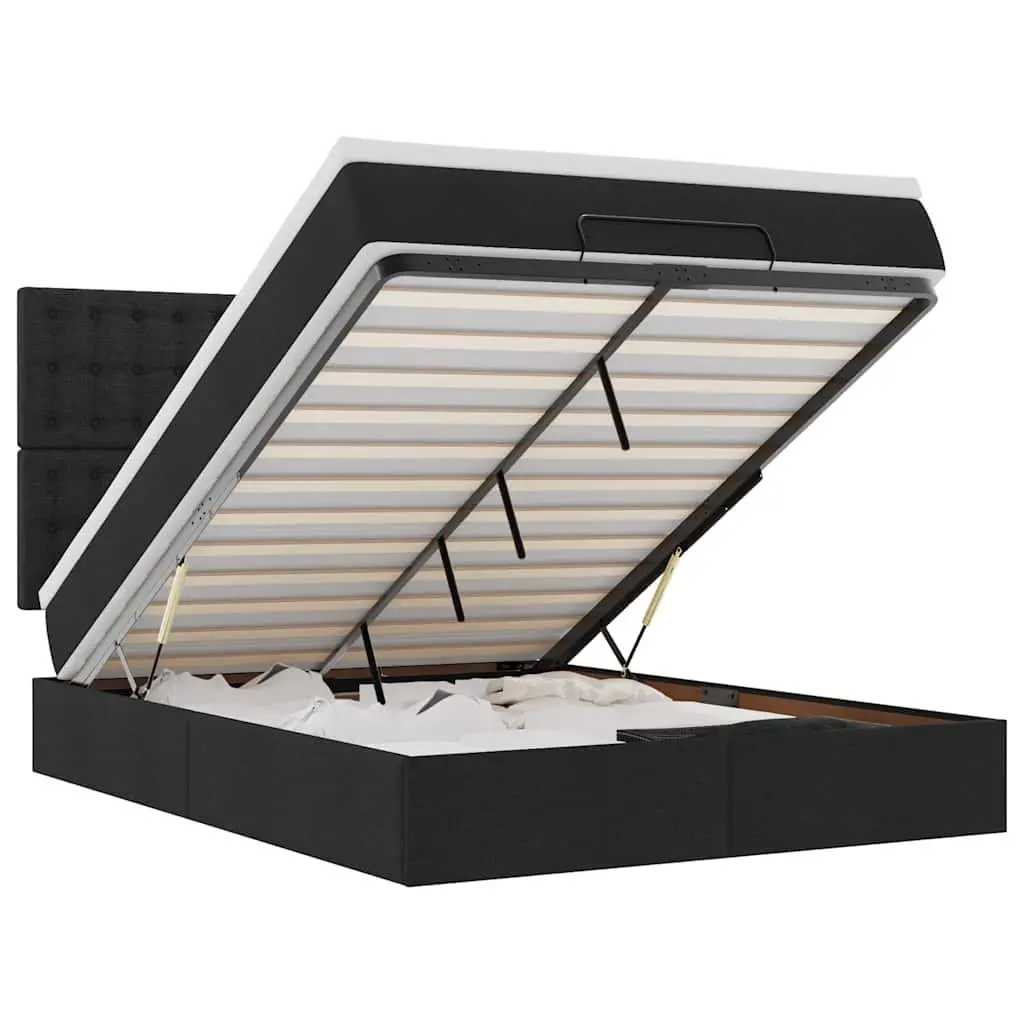 Ottoman Bed Pocket Spring Mattress Double Black Fabric with LED Lights Storage