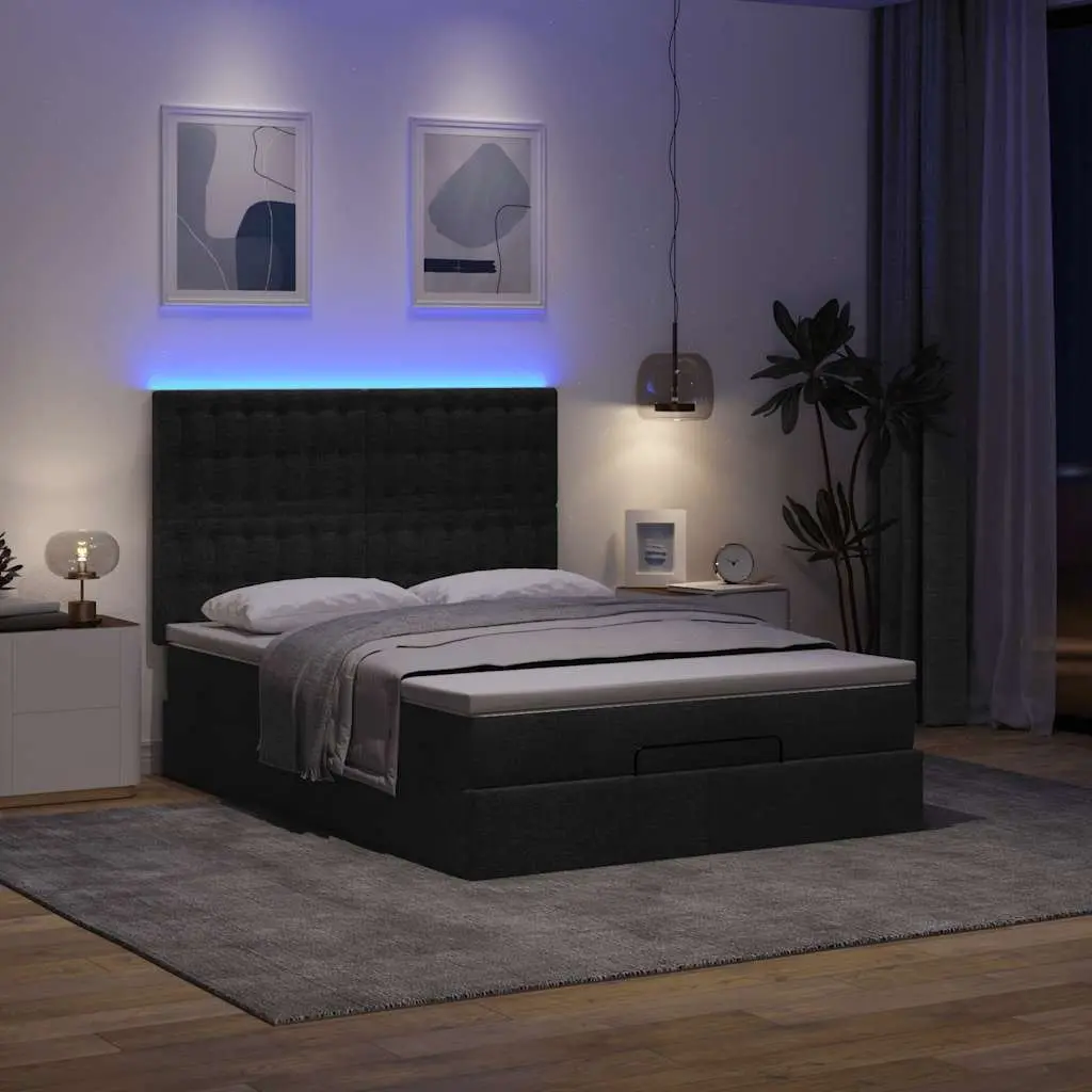 Ottoman Bed Pocket Spring Mattress Double Black Fabric with LED Lights Storage
