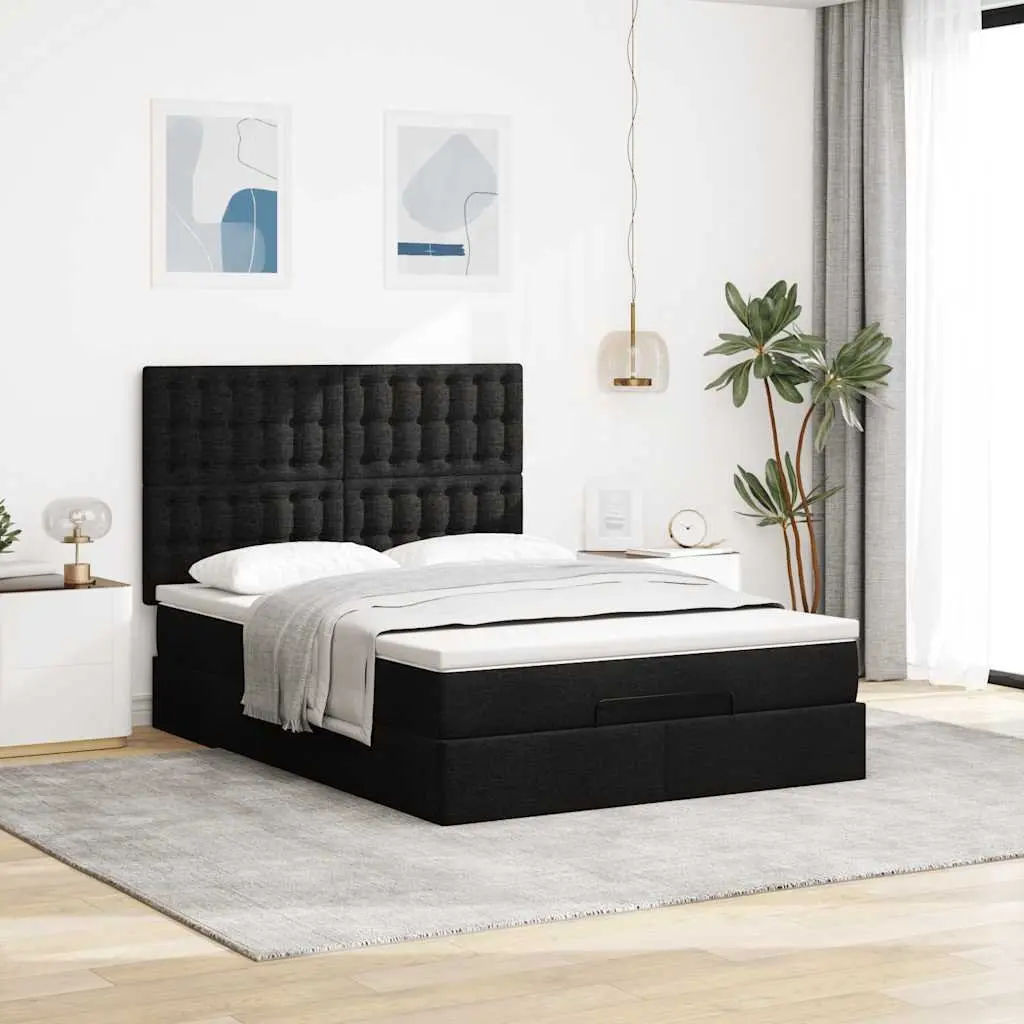 Ottoman Bed Pocket Spring Mattress Double Black Fabric with LED Lights Storage