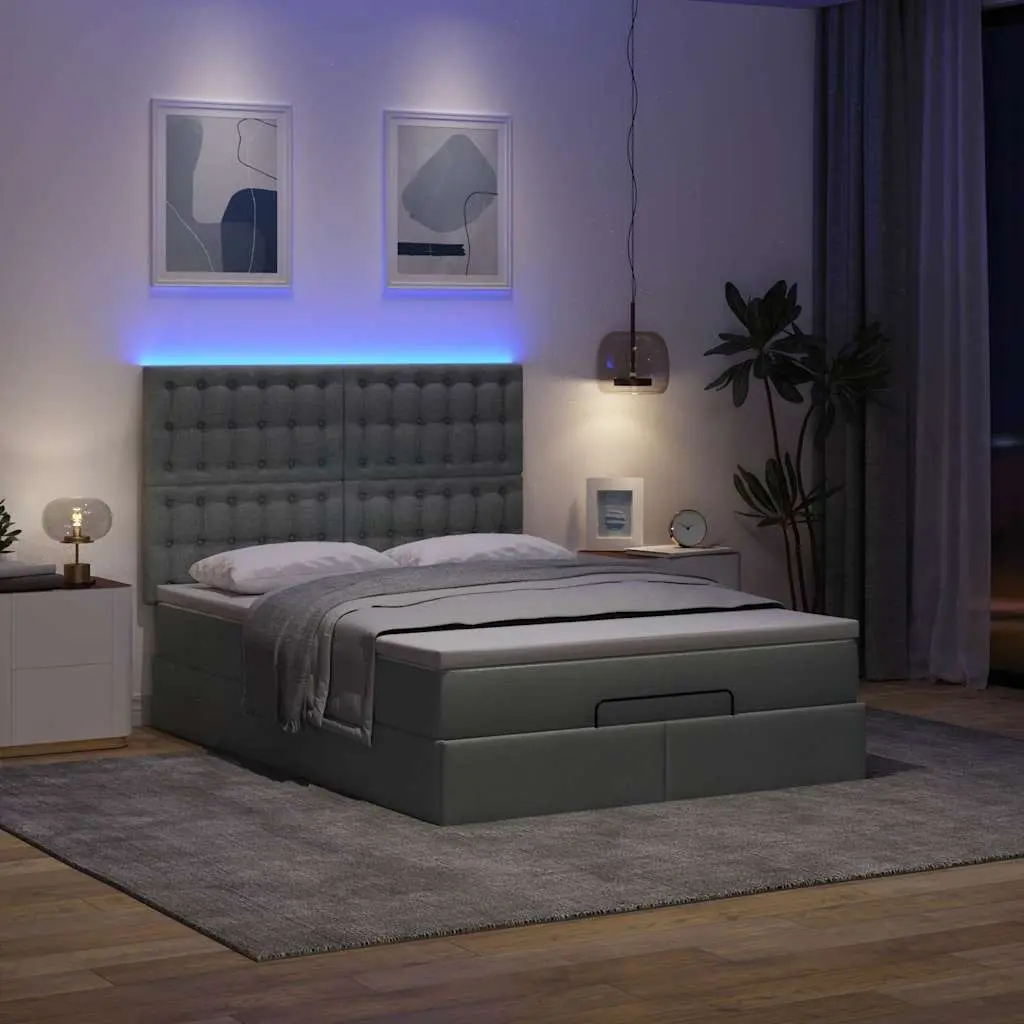 Ottoman Bed with Pocket Spring Mattress LED Lights Storage Queen Grey Fabric