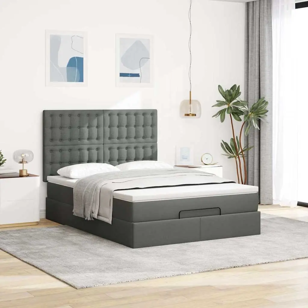 Ottoman Bed with Pocket Spring Mattress LED Lights Storage Queen Grey Fabric